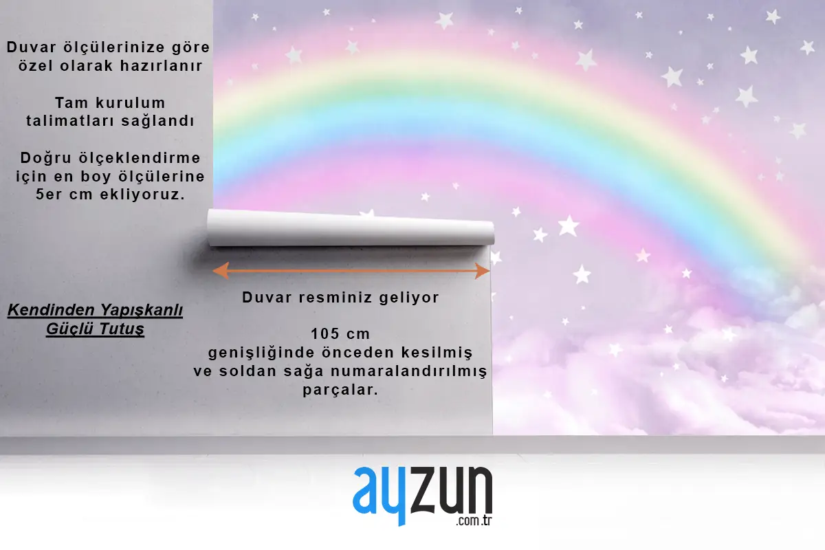 Renkli Pastel Gökkuşağı Ve Bulutlarla Çocuk Bebek Odası Duvar Kağıdı