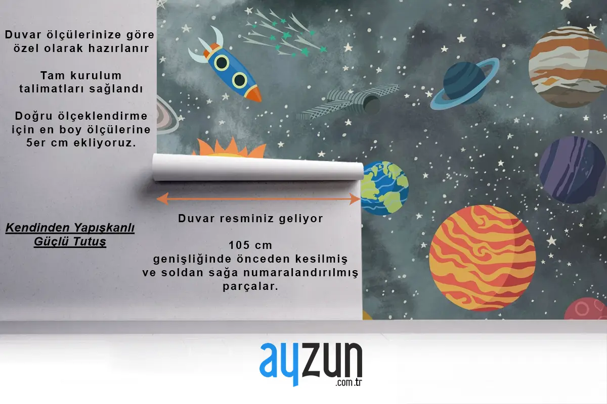 Renkli Uzay Sahnesi ve Roketler Temalı Çocuk Odası Duvar Kağıdı