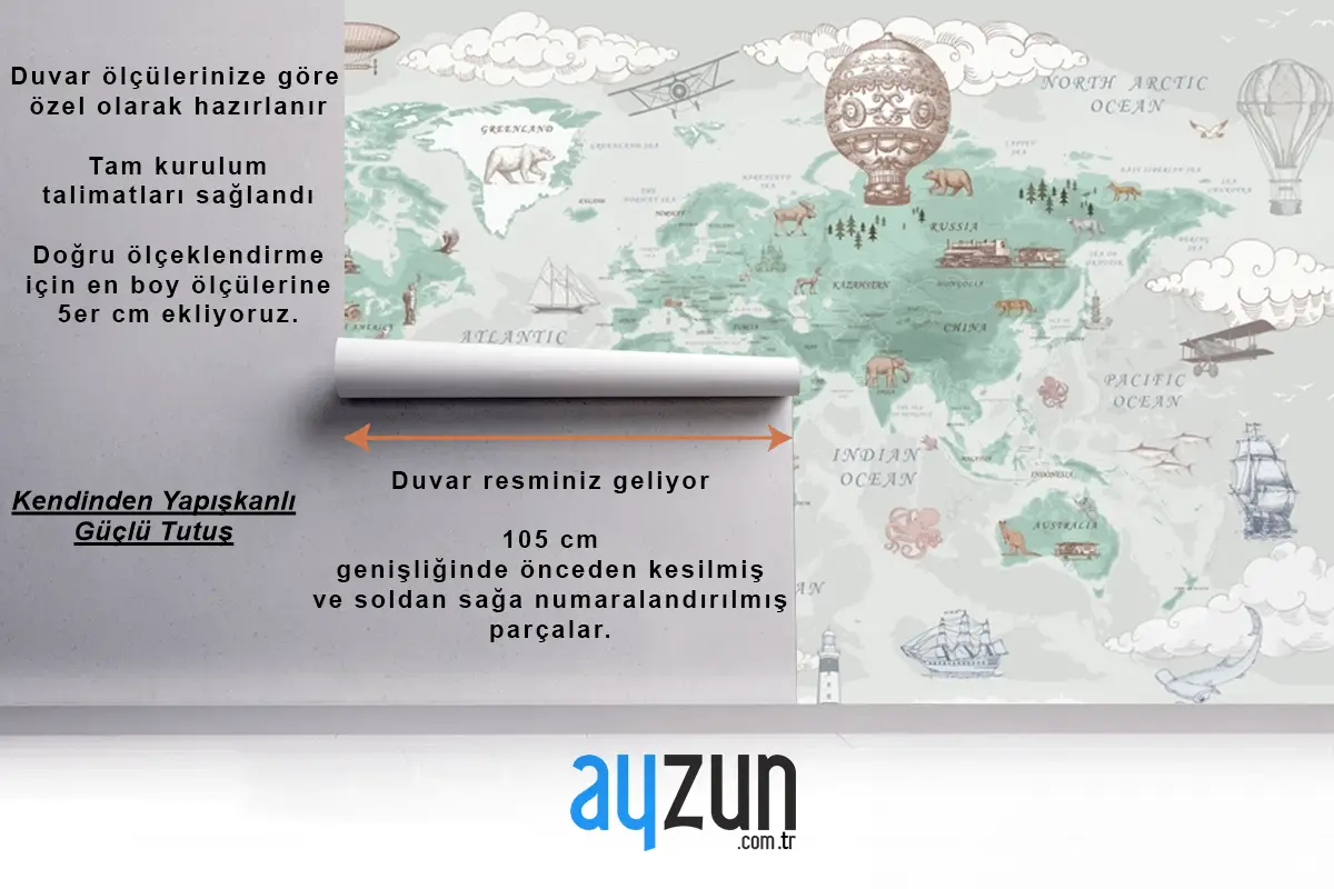 Retro Dünya Haritası Vintage Sıcak Hava Balonları Ve Uçaklar Bebek Odası Duvar Kağıdı