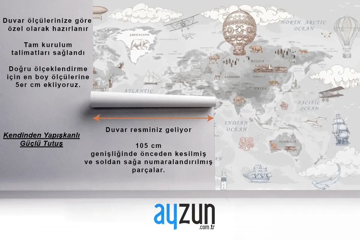 Retro Dünya Haritası Vintage Sıcak Hava Balonları Ve Uçaklar Çocuk Odası Duvar Kağıdı