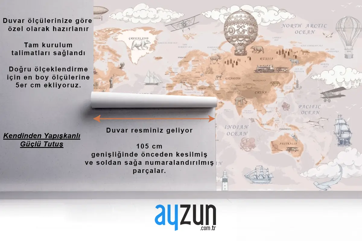 Retro Dünya Haritası Vintage Sıcak Hava Balonları Ve Uçaklar Kahve Çocuk Odası Duvar Kağıdı