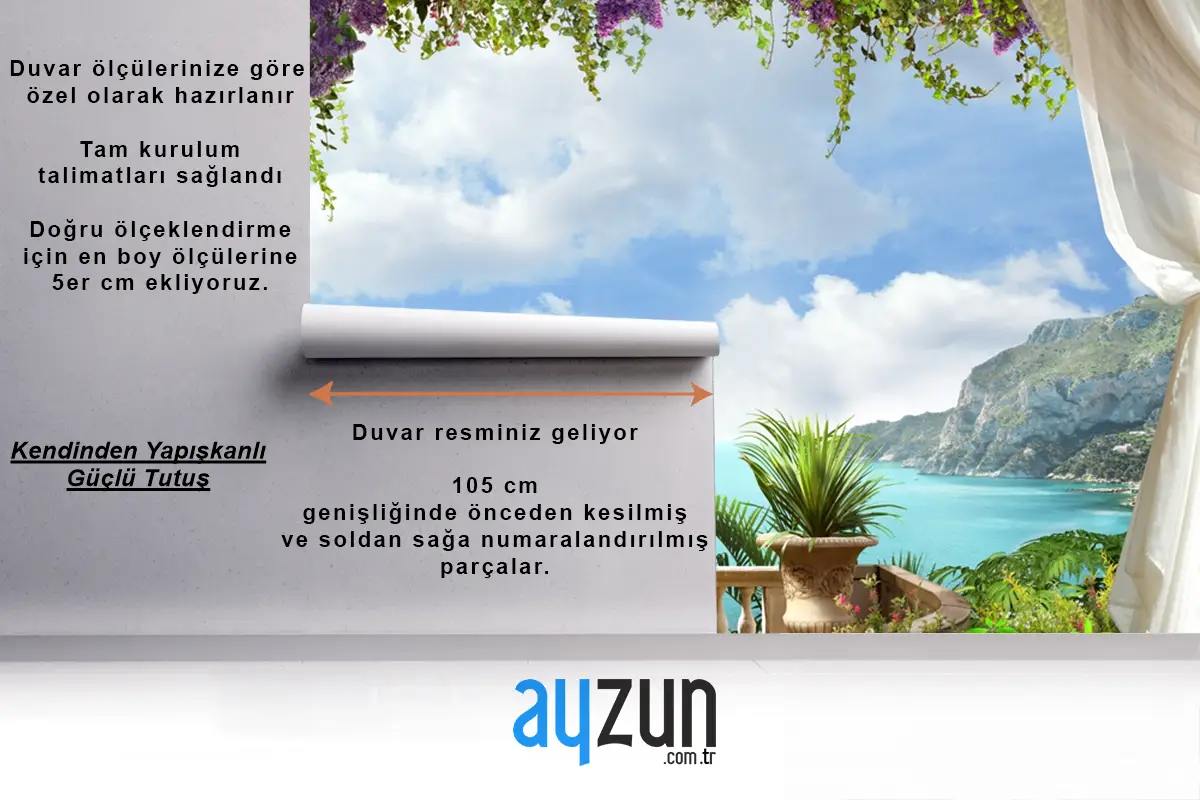 Romantik Perde Detaylı Deniz Manzaralı Duvar Kağıdı