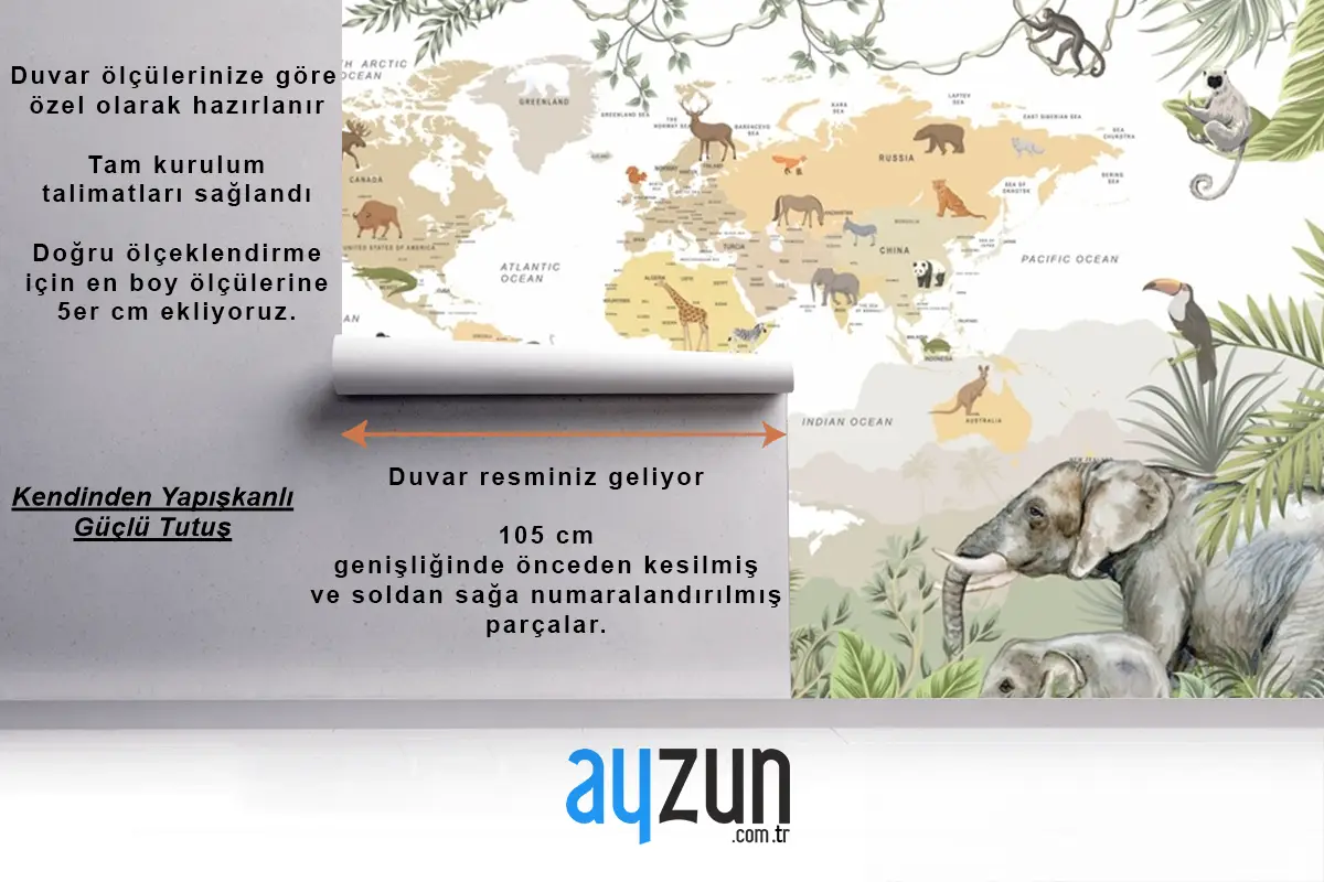 Safari Hayvanları Botanik Yapraklar Dünya Haritası Çocuk Odası Duvar Kağıdı