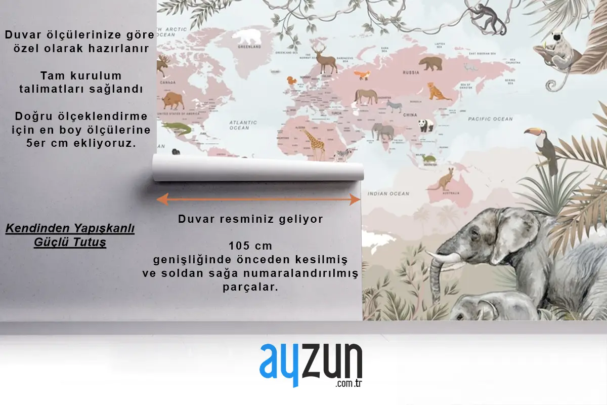 Safari Hayvanları Ve Çocuk Dünya Haritası Duvar Kağıdı