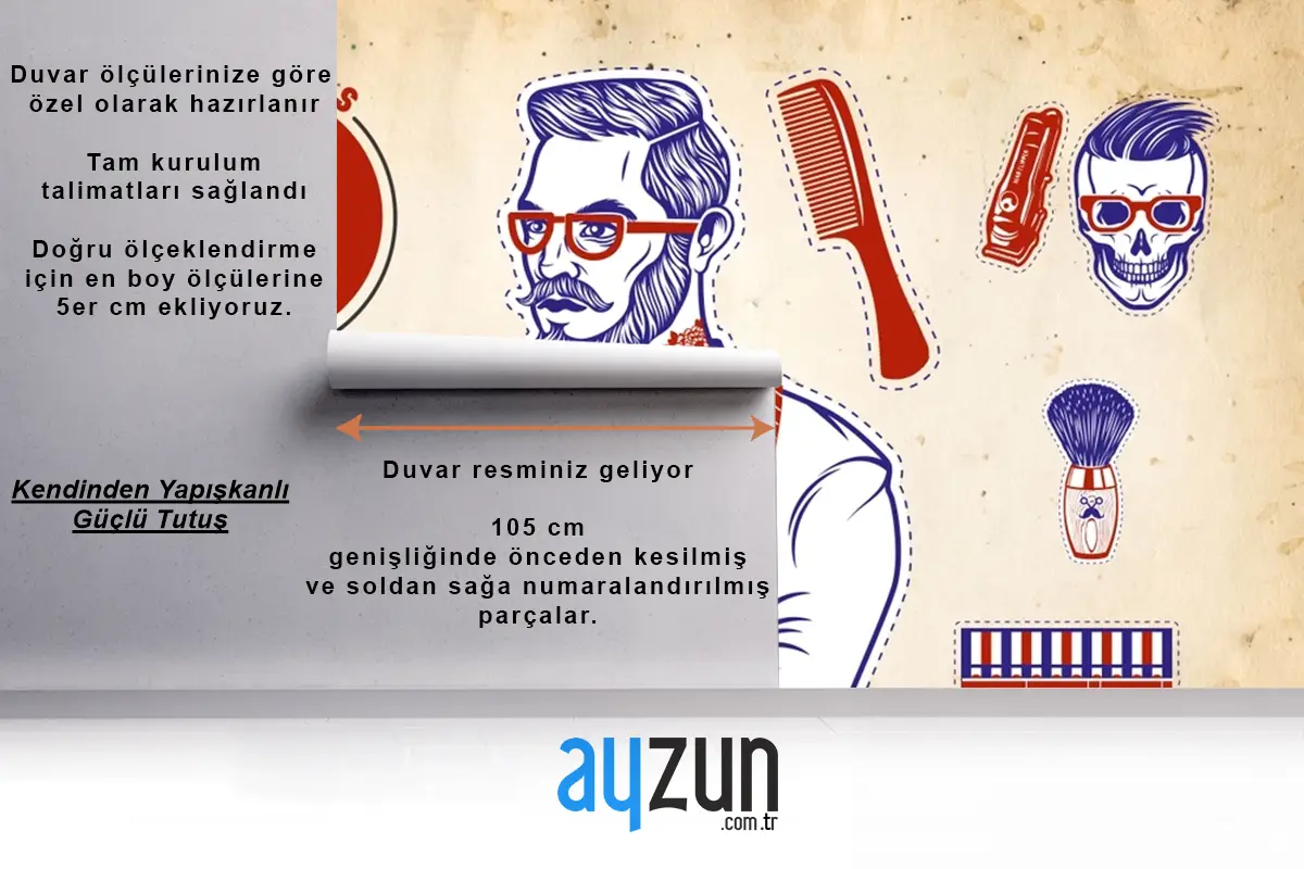 Sarı Arka Plan Mavi Kırmızı Temalı Erkek Kuaför Duvar Kağıdı