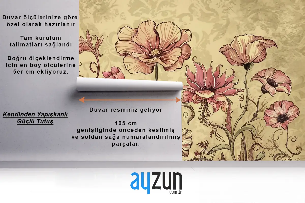 Sarı Zeminde Çiçekler Vintage Duvar Kağıdı