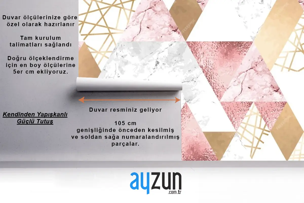 Metalik Çizgilerle Kesintisiz Geometrik Desen Gül Altın Gri Ve Pembe Mermer Üçgenler Çocuk Odası Duvar Kağıdı