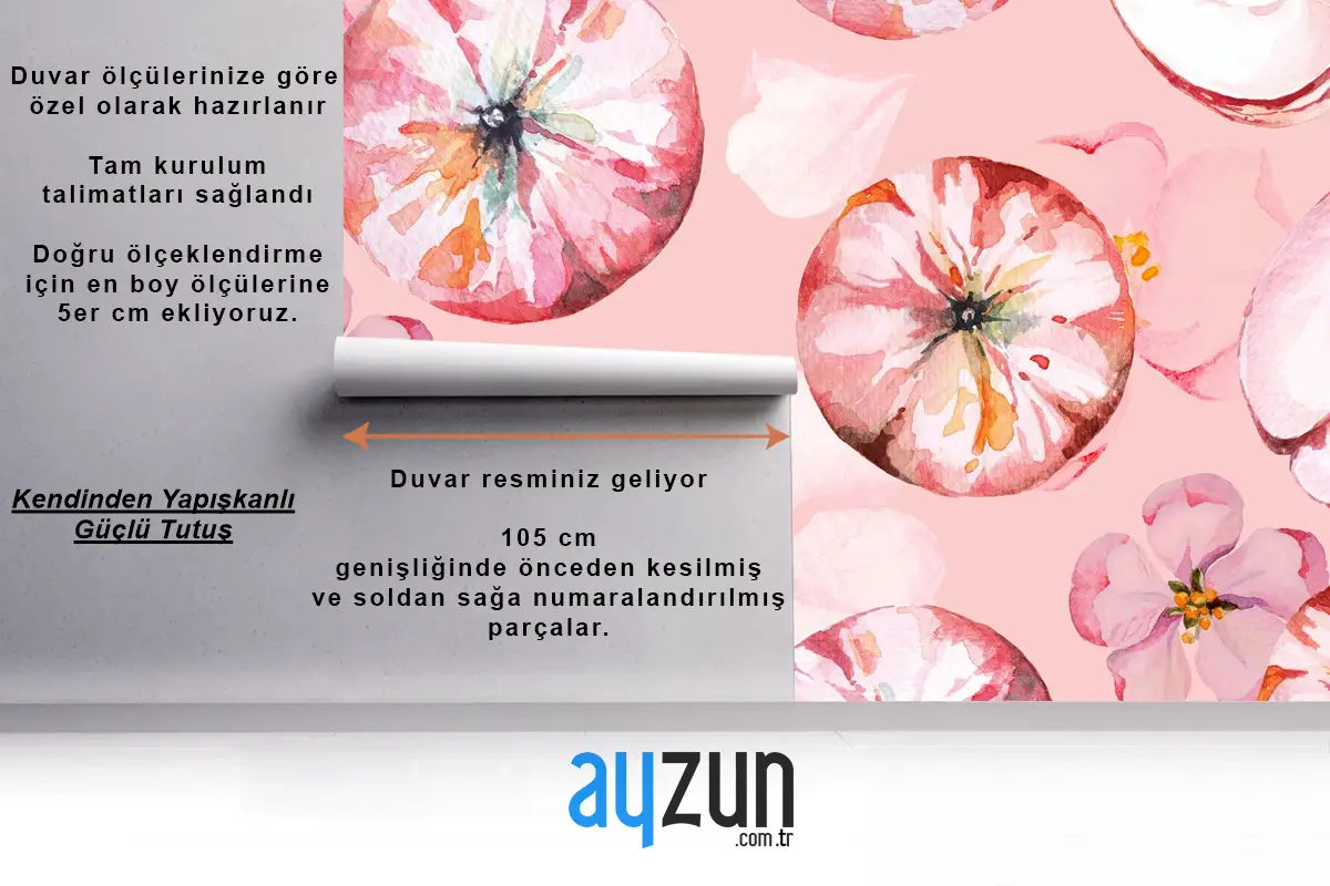 Dikişsiz Desen Elma Ve Çiçek Boyalı Mutfak Duvar Kağıdı