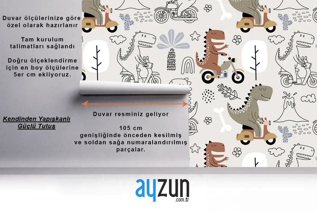 Sevimli Dinozorun Motosiklete Bindiği Kusursuz Desen Çocuk Odası Duvar Kağıdı