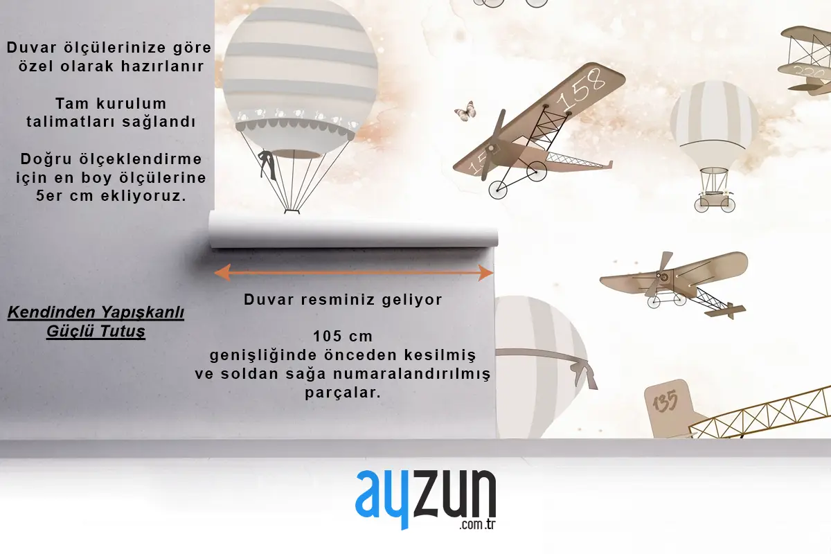 Sepya Uçaklar ve Sıcak Hava Balonları Temalı Çocuk Odası Duvar Kağıdı