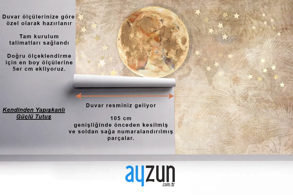 Sevimli Aslan Yavru Hayvan Altın Ay Yıldızlar Bebek Çocuk Odası Duvar Kağıdı