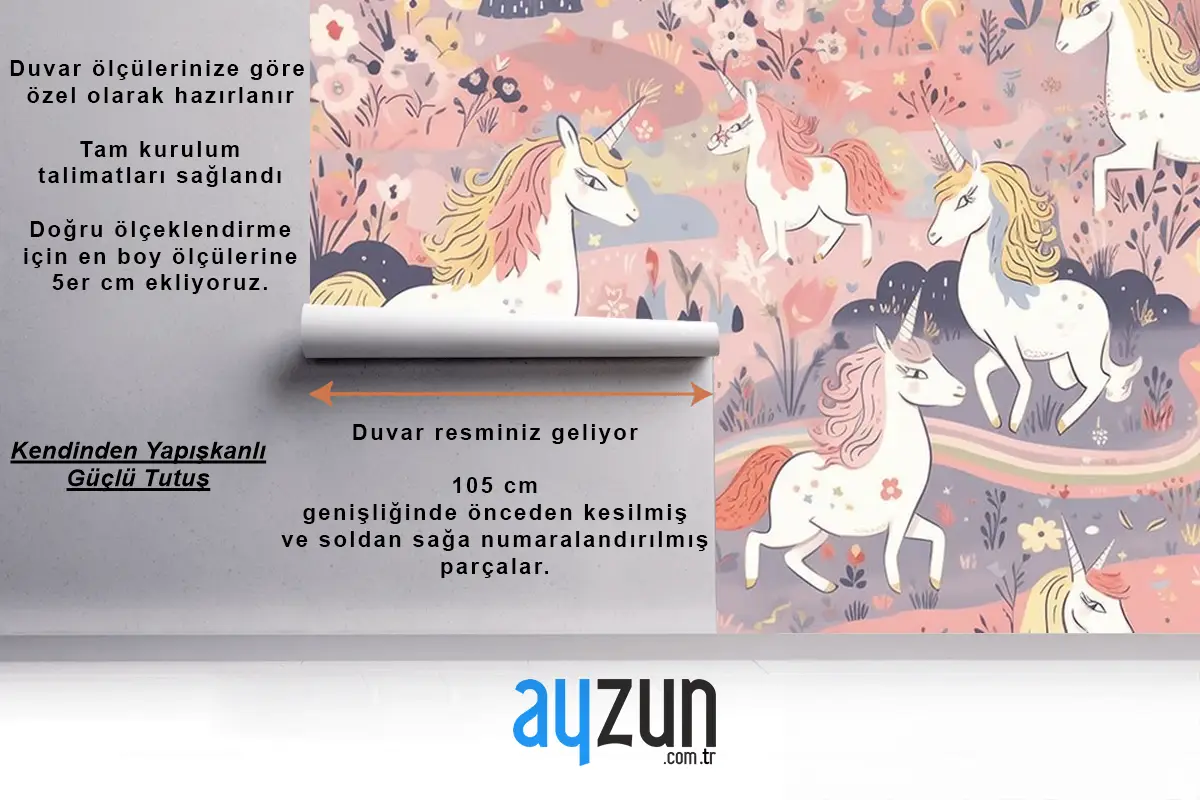 Sevimli Boynuzlu Atlar Çocuk Odası Duvar Kağıdı