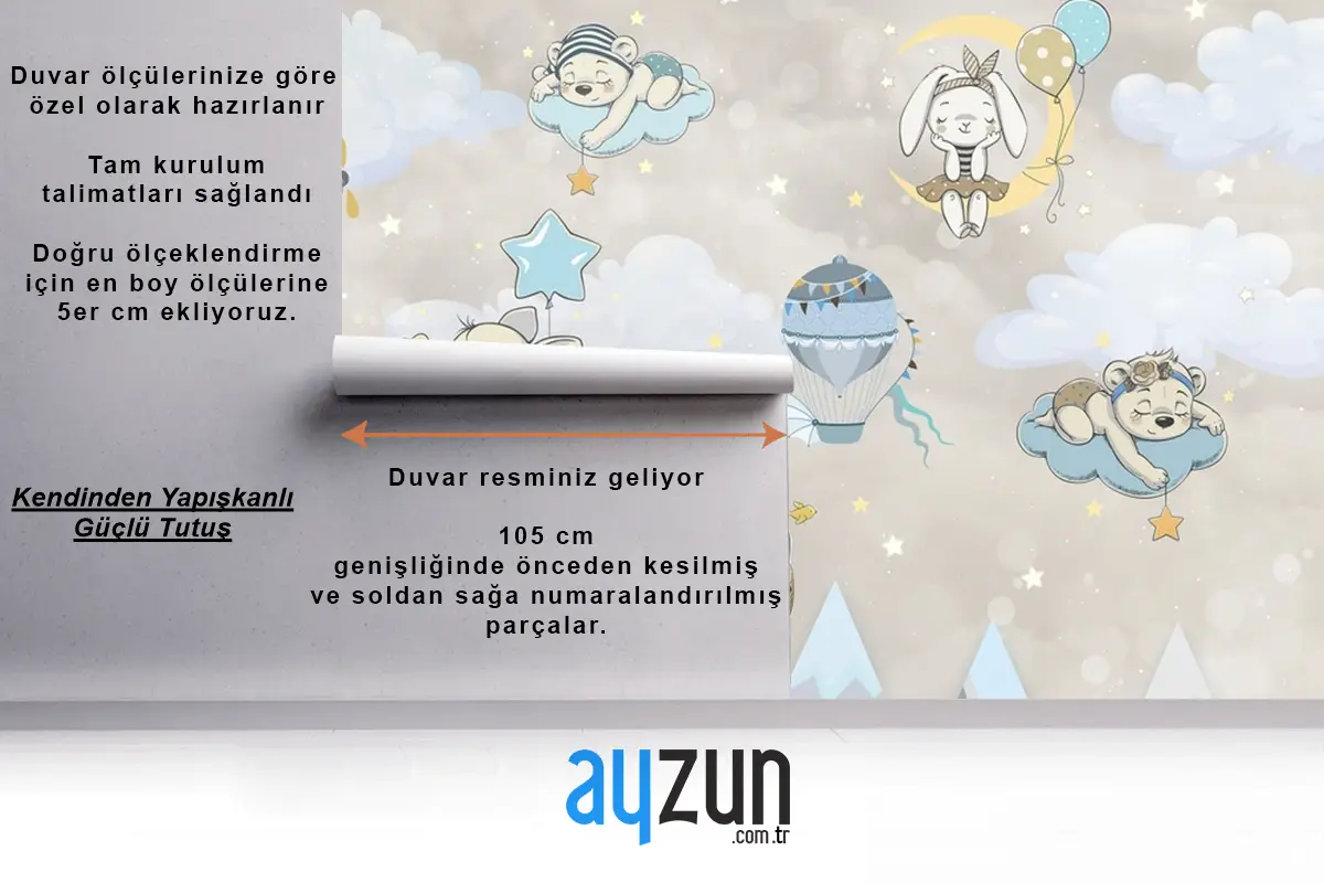 Sevimli Hayvanlar Bulutlar Dağlar Çocuk Bebek Odası Duvar Kağıdı
