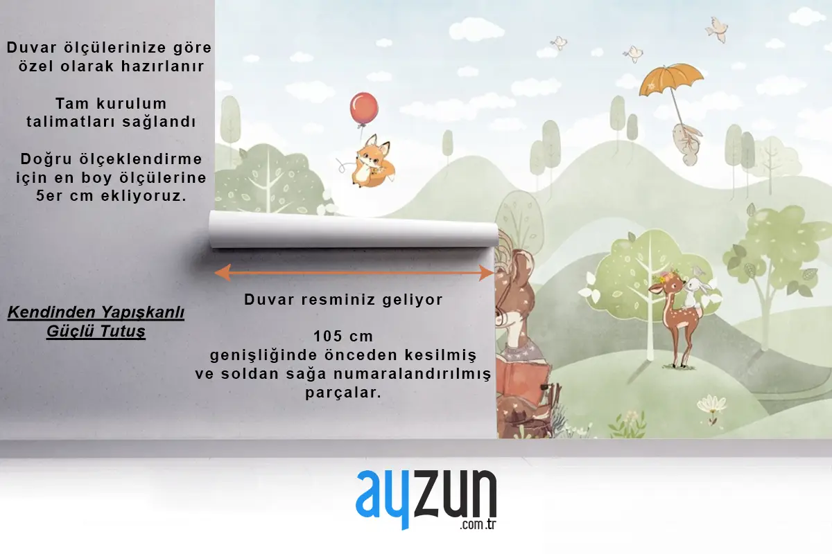 Sevimli Hayvanlar Orman Çizim Geyik Tilki Tavşan Yaz Manzarası Bebek Odası Duvar Kağıdı