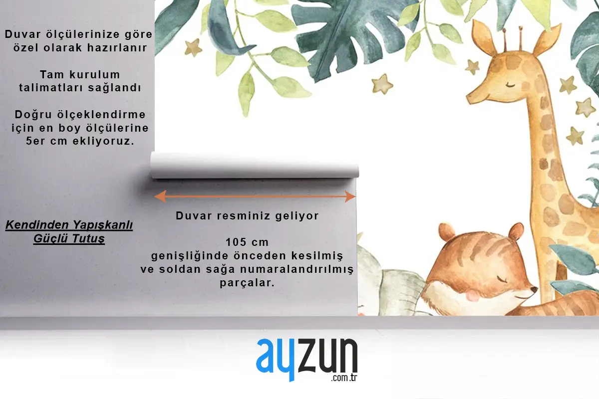 Sevimli Hayvanlar Tropikal Yapraklar Çocuk Odası Duvar Kağıdı