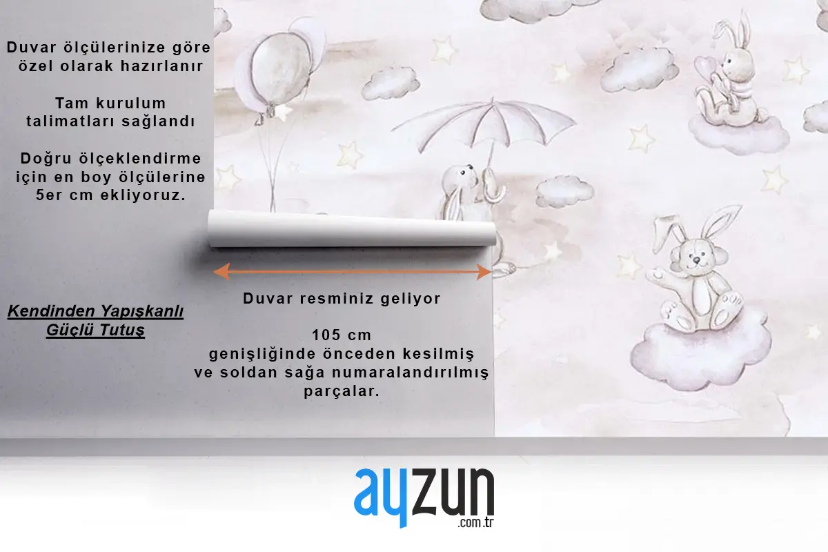 Sevimli Tavşanlar Bulutların Üzerinde Çocuk Odası Duvar Kağıdı