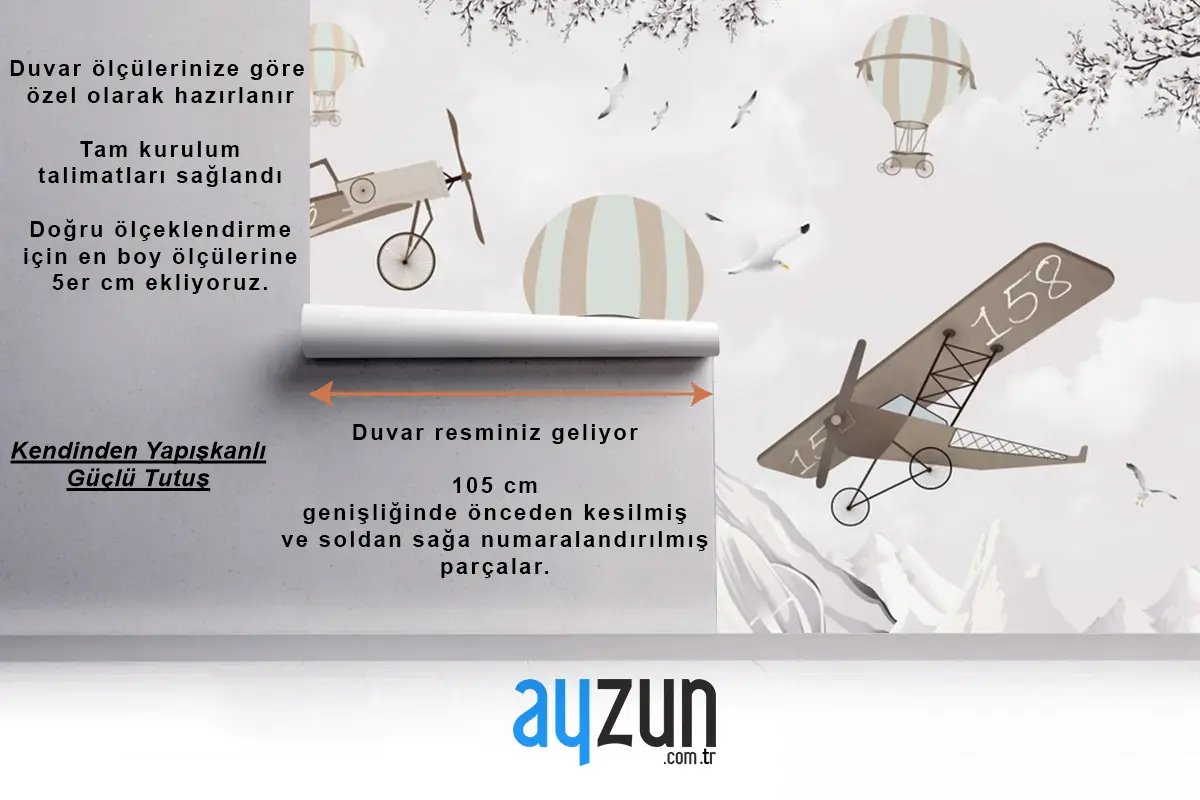 Sıcak Hava Balonları Çizimi Dağlar Manzara Uçaklar Çocuk Duvar Kağıdı
