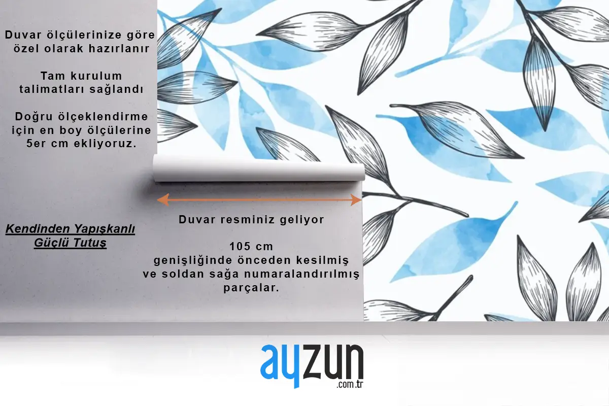 Gri Ve Mavi Yapraklı Basit Arka Plan Mutfak Duvar Kağıdı