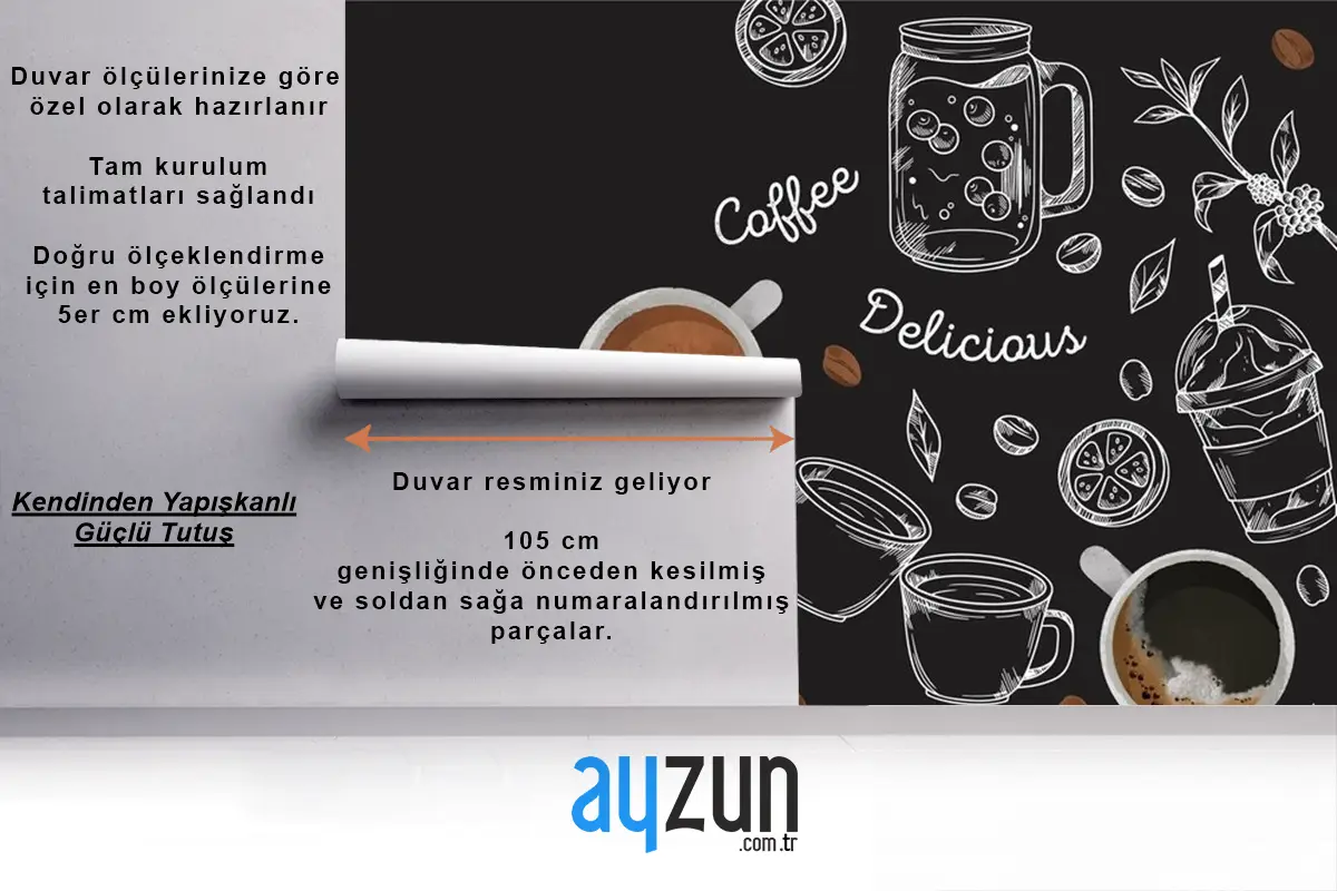 Siyah Arka Plan Kahve Çizimleri Cafe Duvar Kağıdı