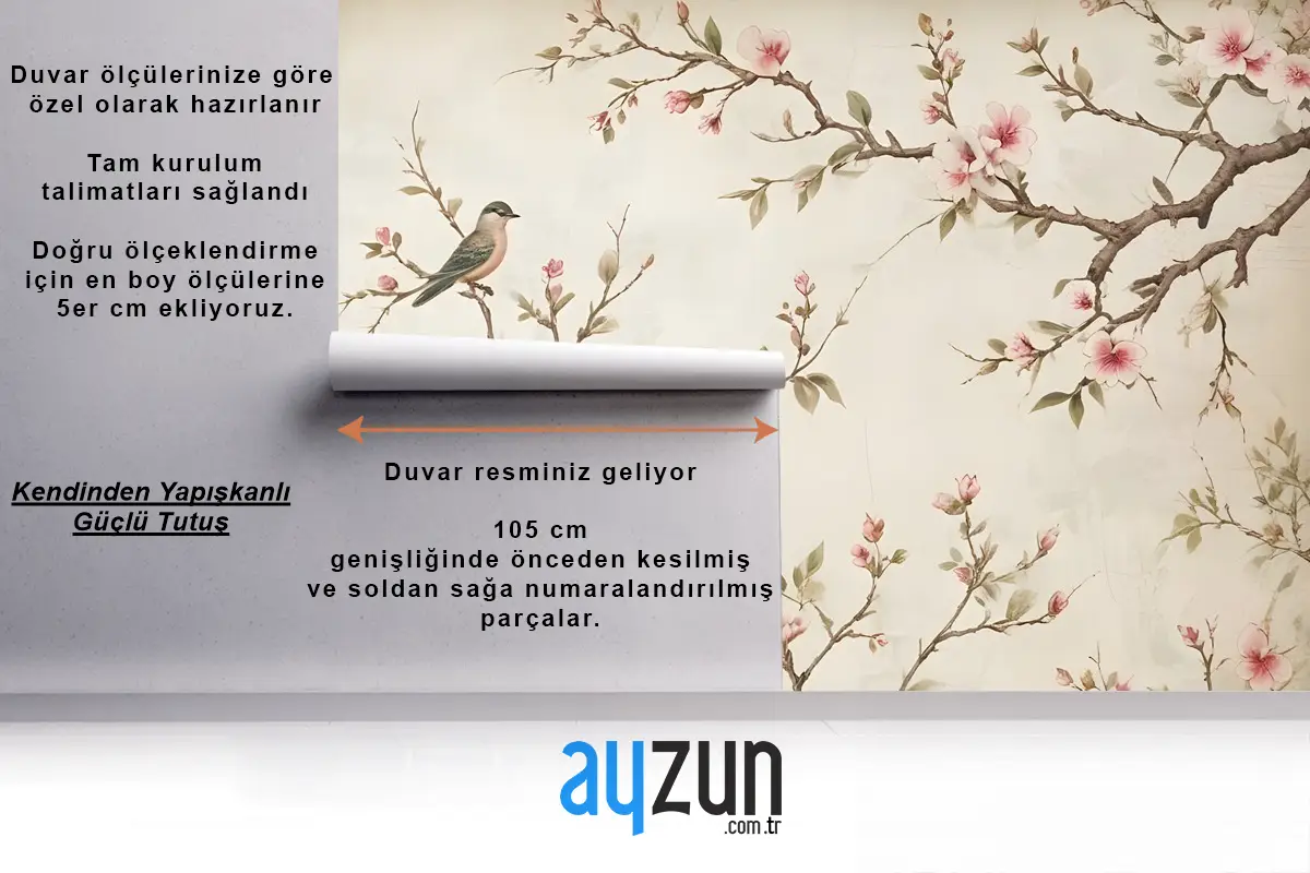 Küçük Kuşlar Ile Yumuşak Çin Çiçekleri Duvar Kağıdı