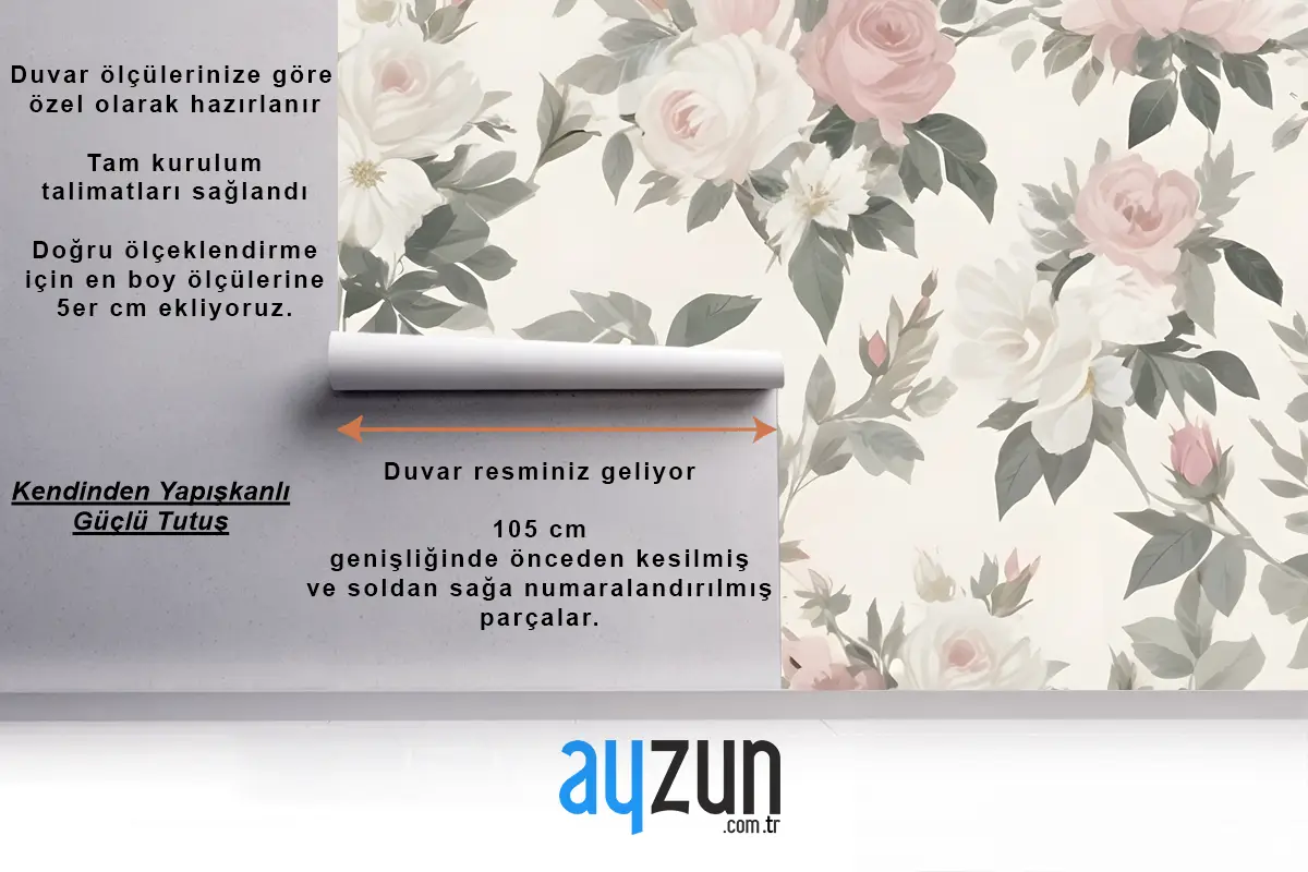 Yumuşak Sessiz Çiçek Desenli Büyük Pembe Beyaz Çiçekler Gül Yeşil Yaprakları Oturma Odası Salon Duvar Kağıdı