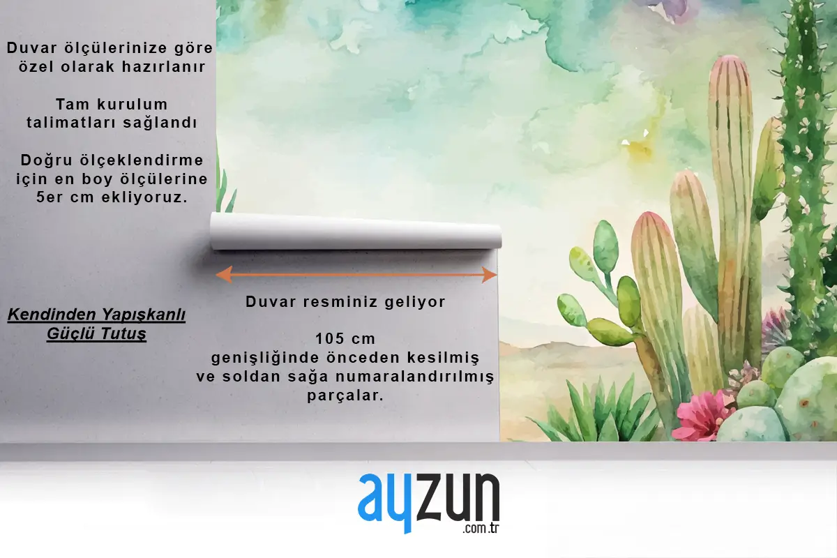 Etli Ve Kaktüs Suluboya Arka Plan Çocuk Odası Duvar Kağıdı