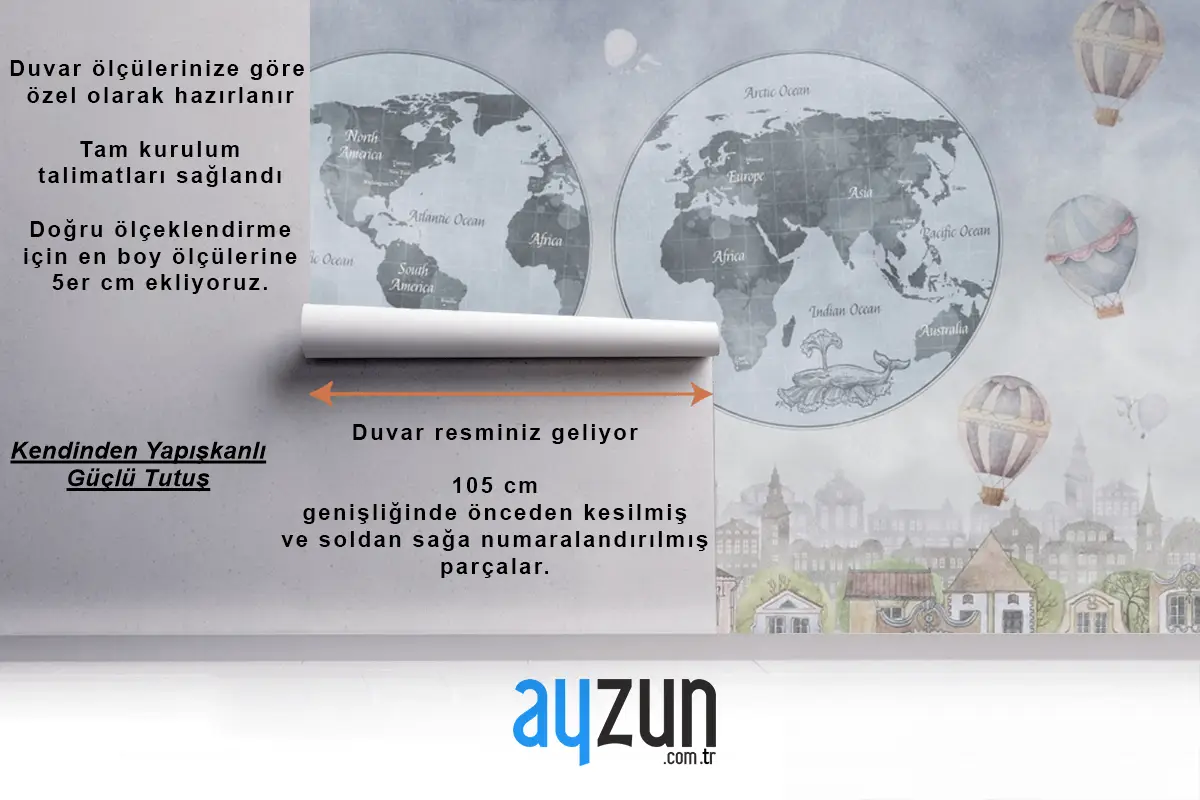 Suluboya Köy Seti Ve Retro Dünya Haritası Çocuk Odası Duvar Kağıdı