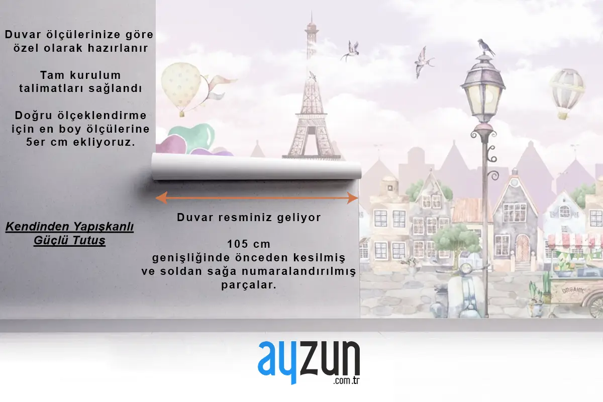 Suluboya Paris Sokağı Eski Şehir Bisikletli Panda Çocuk Bebek Odası Duvar Kağıdı