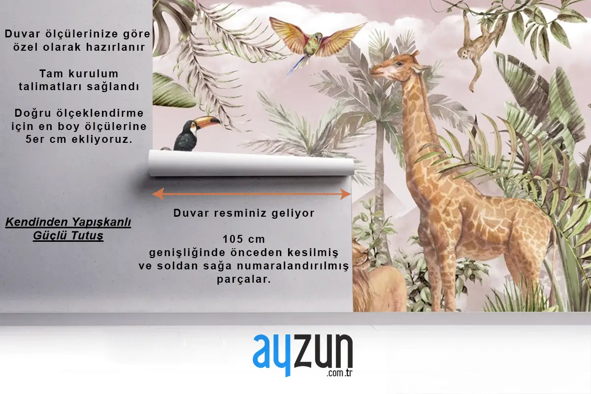 Suluboya Tropikal Orman Hayvanları Çocuk Odası Duvar Kağıdı