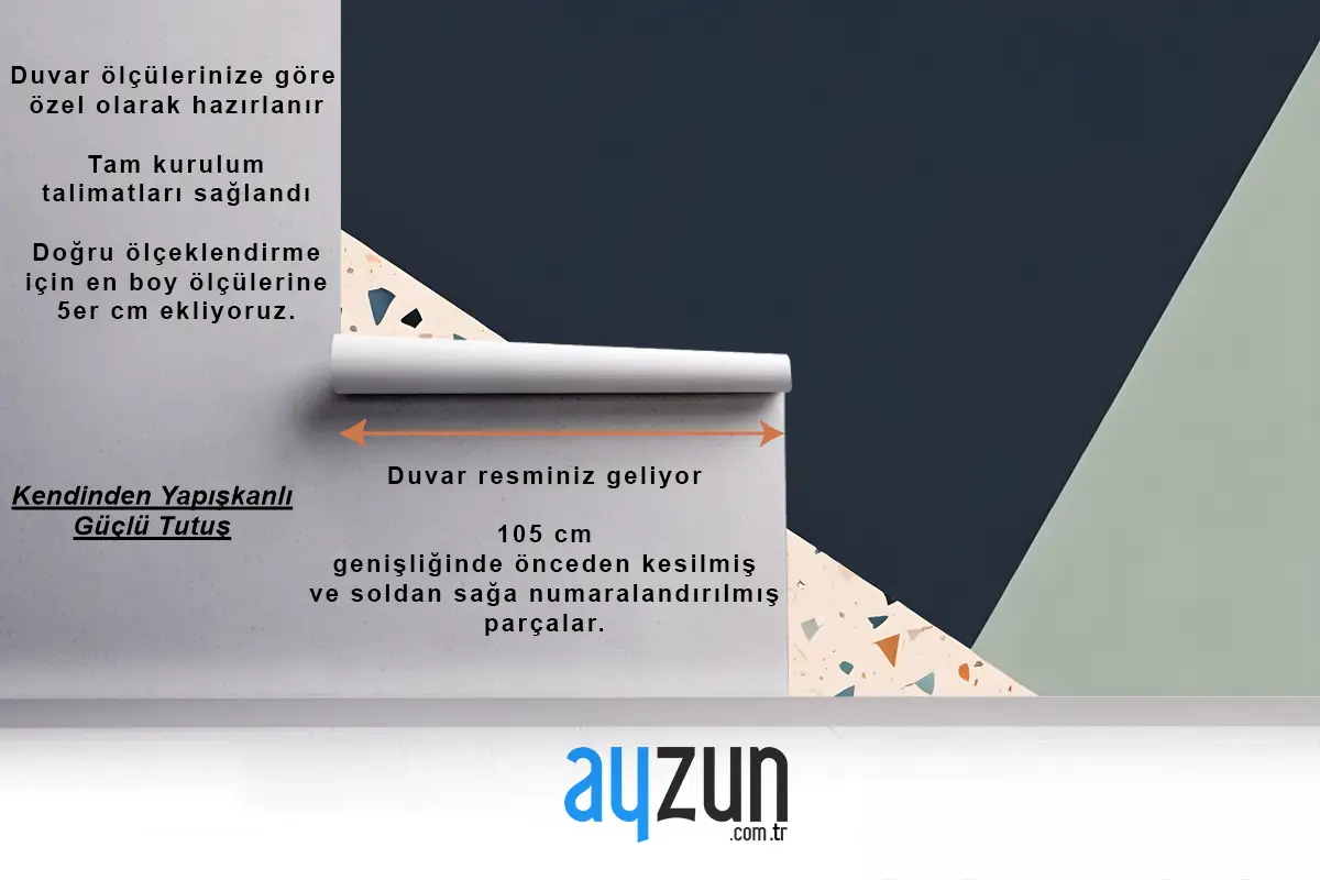 Çeşitli Şekillerde Mavi Ve Açık Yeşil Oturma Odası Salon Duvar Kağıdı Terrazzo Tarzı Desen