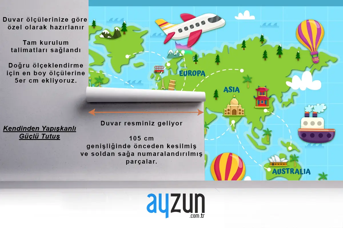 Dünyayı Seyahat Dünya Haritası Çocuk Odası Duvar Kağıdı 