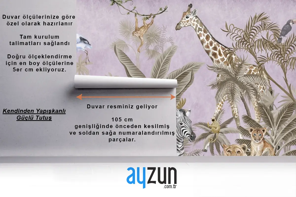 Tropikal Orman Ağaçları Mor Arka Plan Fil Zebra Aslanlar Çocuk Duvar Kağıdı