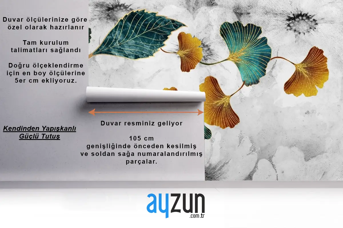Açık Gri Kanvas Boya Yatak Odası Duvar Kağıdı Duvarında Turkuaz Ve Altın Ginkgo Yaprakları