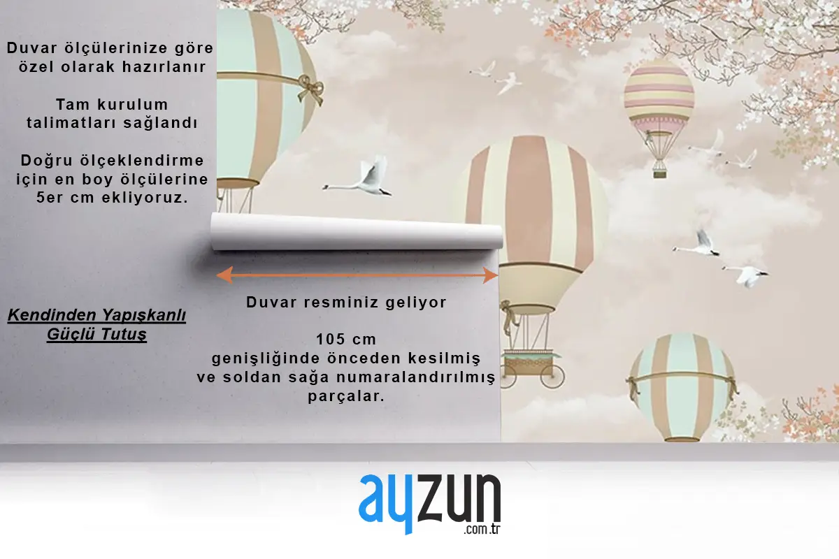 Uçan Balonlar  Çiçekler Ve Kuşlar Çocuk Odası Duvar Kağıdı