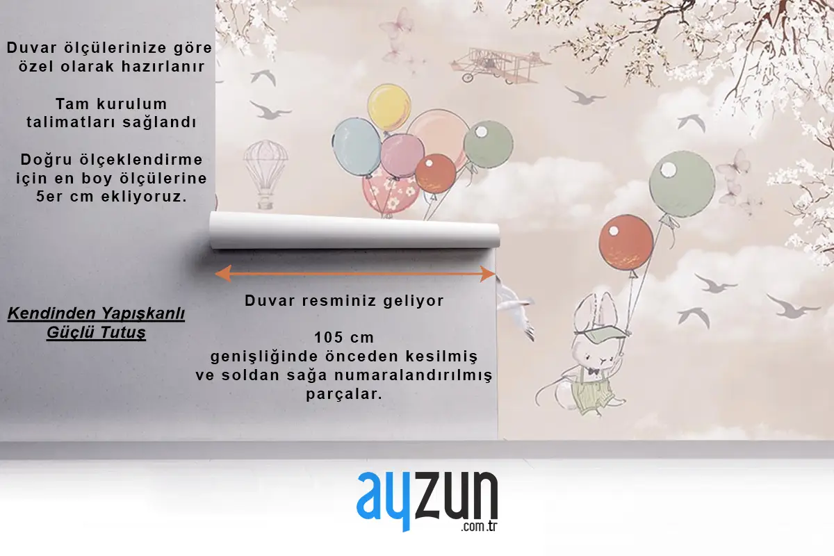 Uçan Balonlar Ve Sevimli Tavşanlar Çocuk Odası Duvar Kağıdı