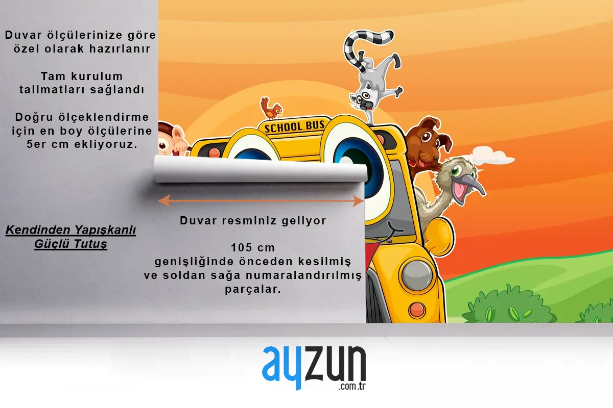 Okul Otobüsünde Çeşitli Hayvanlar Çocuk Odası Duvar Kağıdı