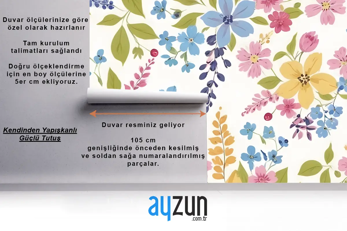 Pembe Mavi Sarı Ve Yeşil Tonlarında Çeşitli Çiçekler Antre  Hol  Koridor Duvar Kağıdı