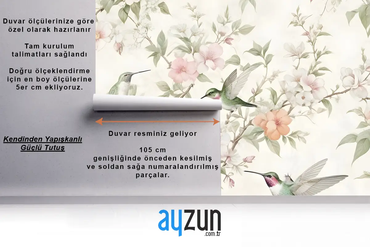 Kuşlarla Vintage Çiçekler Yatak Odası Duvar Kağıdı
