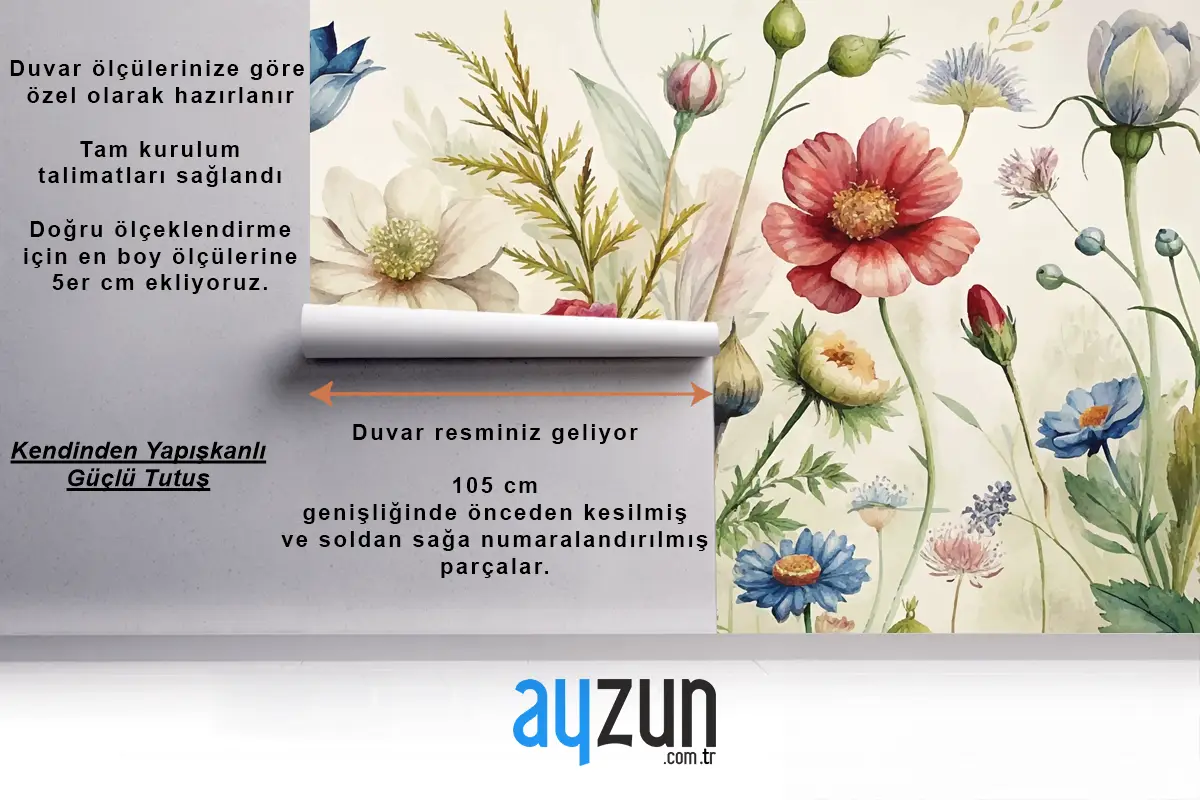 Vintage Botanik Tarzı Kır Çiçeği Suluboya Mutfak Duvar Kağıdı