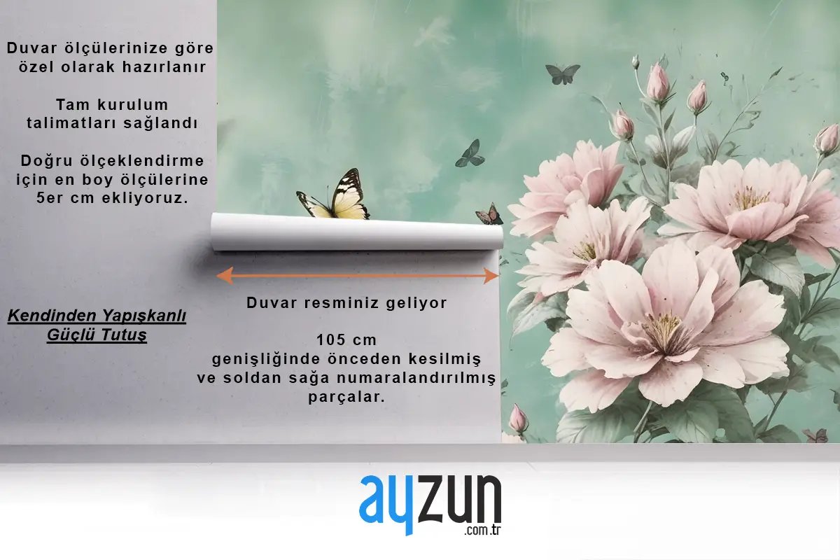 Vintage Pembe Çiçek Ve Sarı Kelebek Duvar Kağıdı