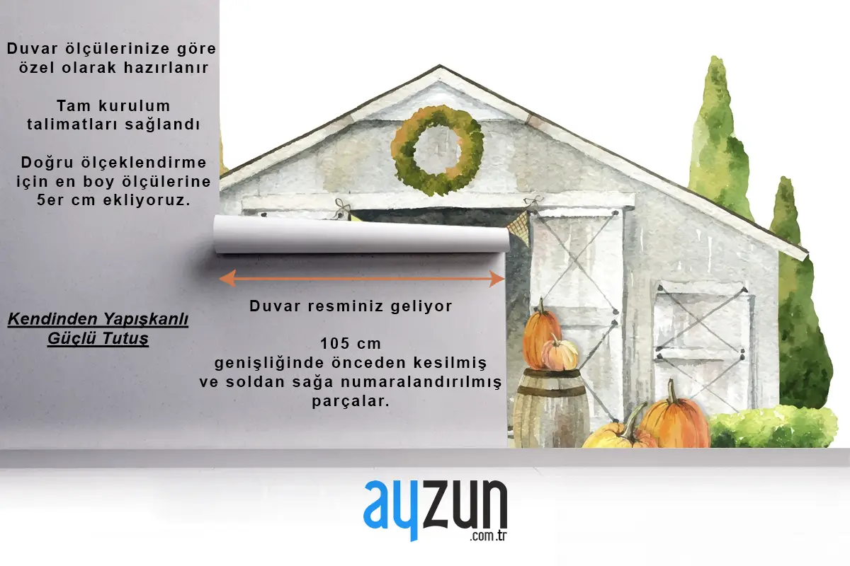 Suluboya Sonbahar Ahşap Ahır Kabak Hasat Mutfak Duvar Kağıdı