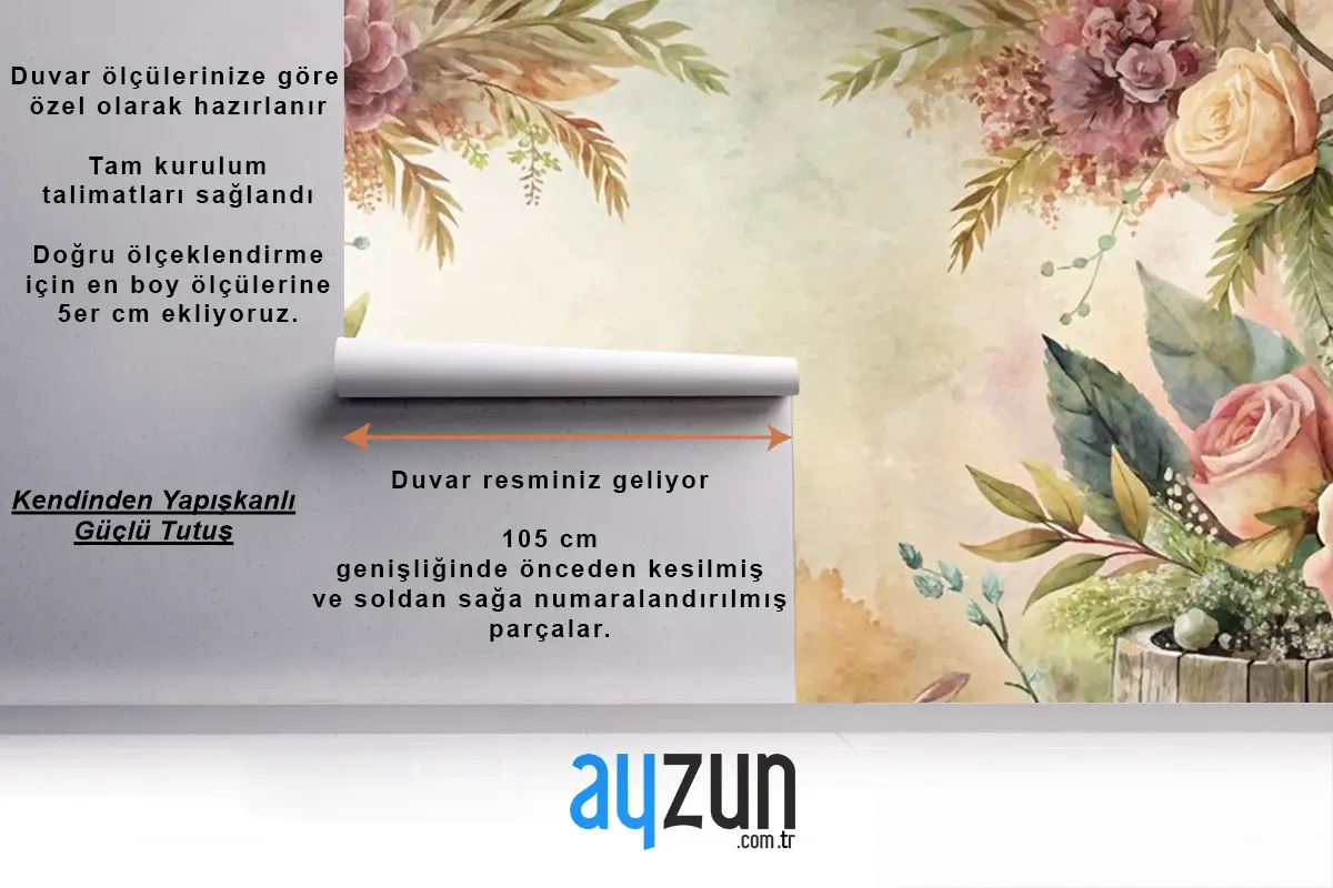 Kırsal Çiçek Aranjmanı İçeren Suluboya Arka Plan Mutfak Duvar Kağıdı