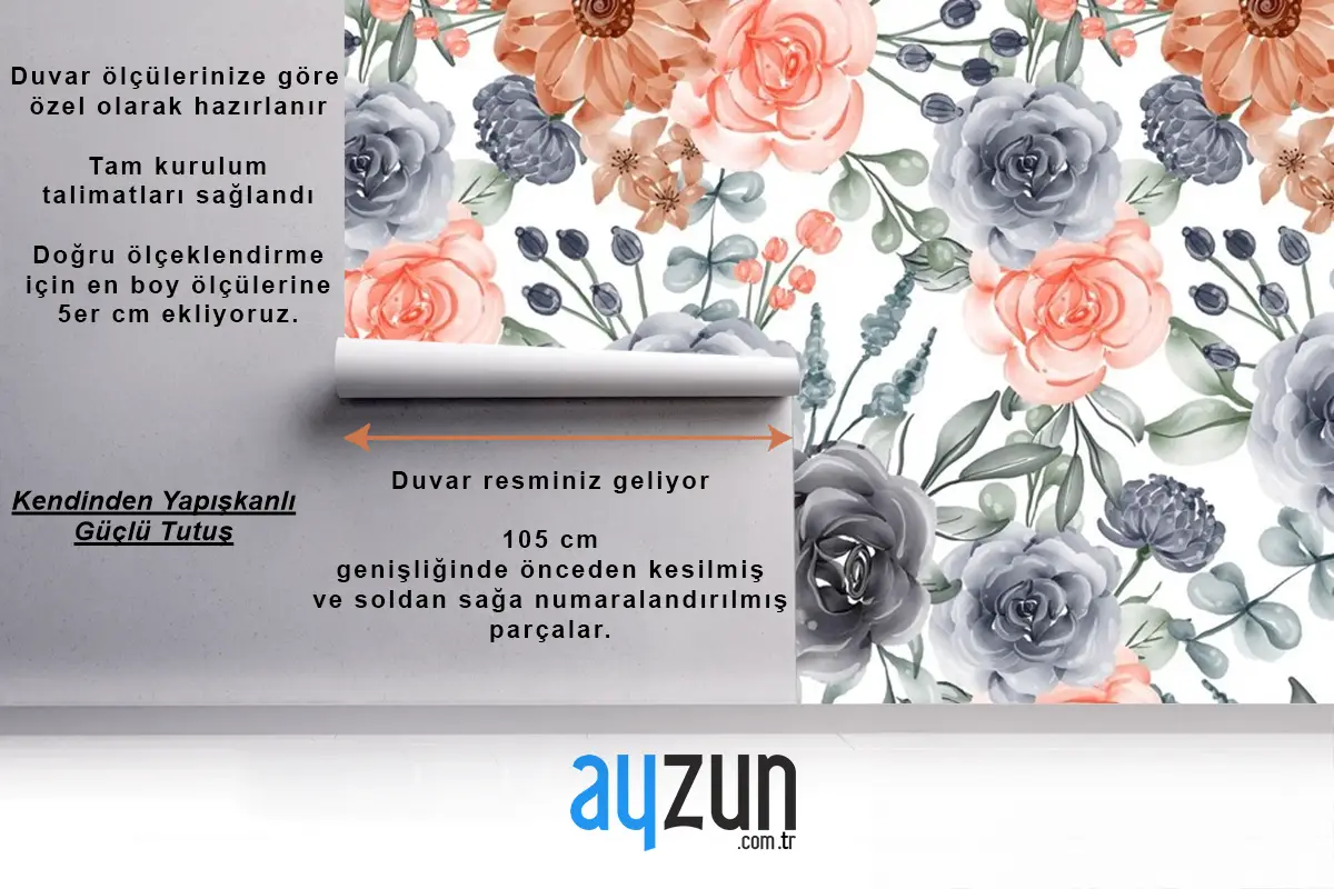 Suluboya Arka Plan Dikişsiz Desen Çiçek Lacivert Ve Şeftali Duvar Kağıdı