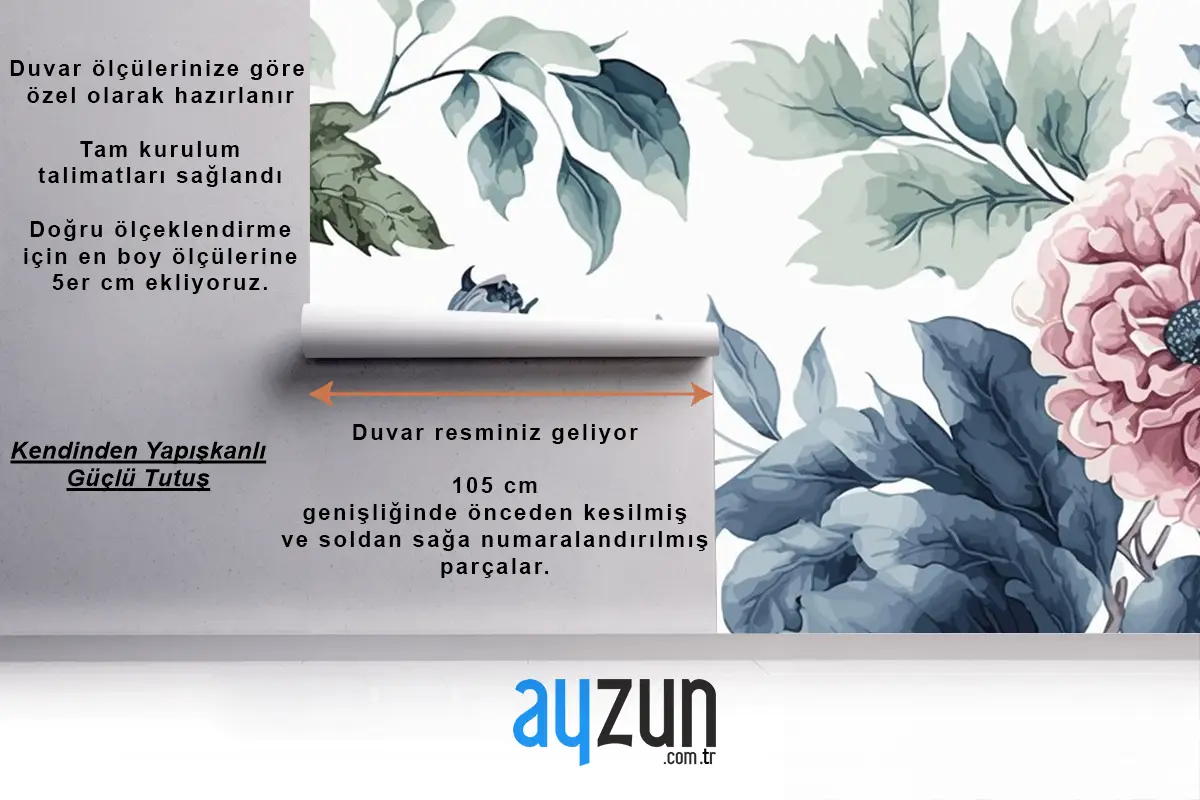 Suluboya Mavi Ve Pembe Çiçek Desenli Duvar Kağıdı