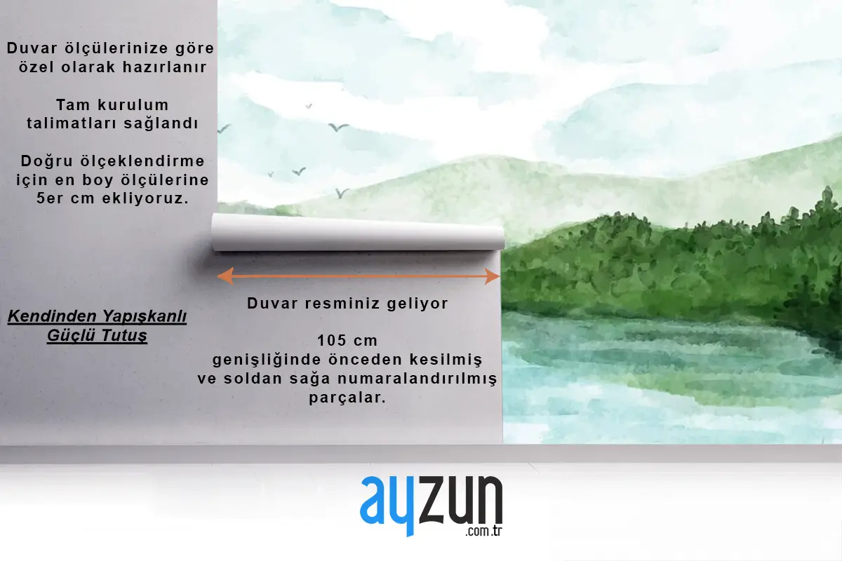 Suluboya Göl Manzarası Yemek Odası Duvar Kağıdı