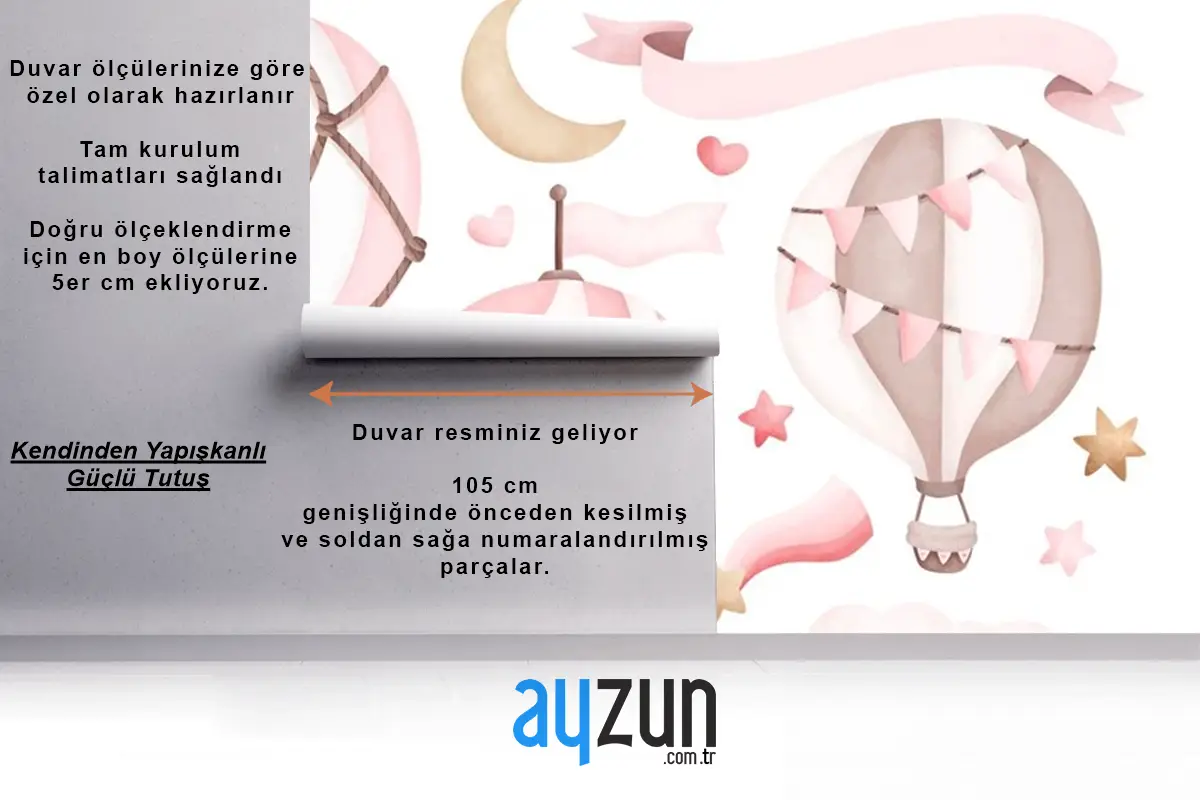 Suluboya Pembe Sıcak Hava Balonu Çocuk Odası Duvar Kağıdı 