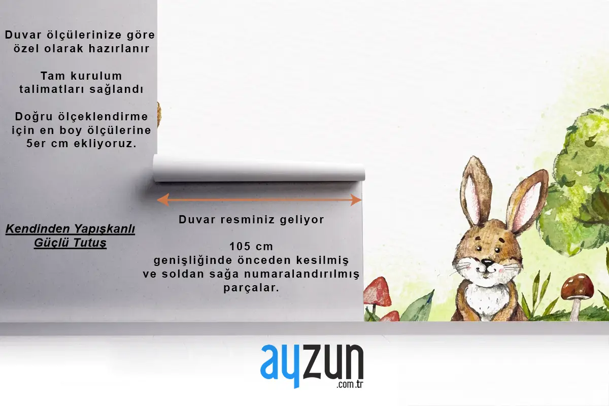 Suluboya Tavşan Ve Ormanda Geyik Çocuk Odası Duvar Kağıdı