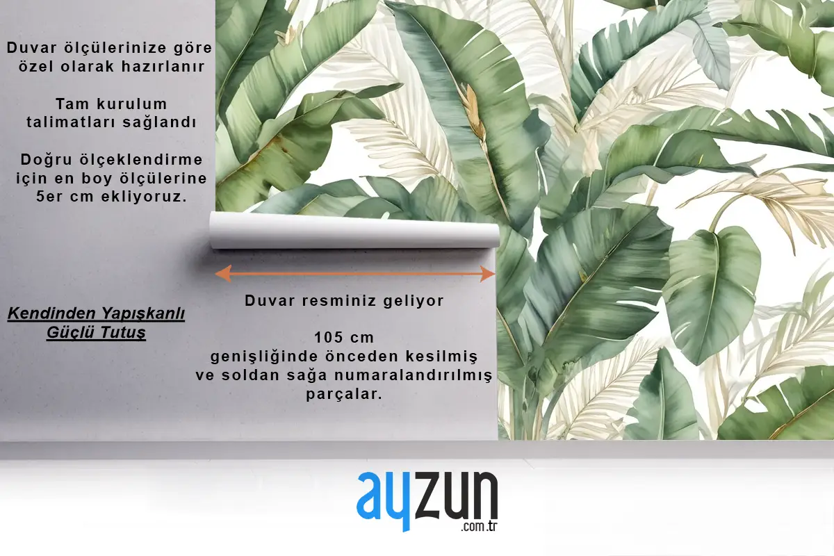 Suluboya Tropikal Muz Yaprağı Altın Detaylarla Duvar Kağıdı