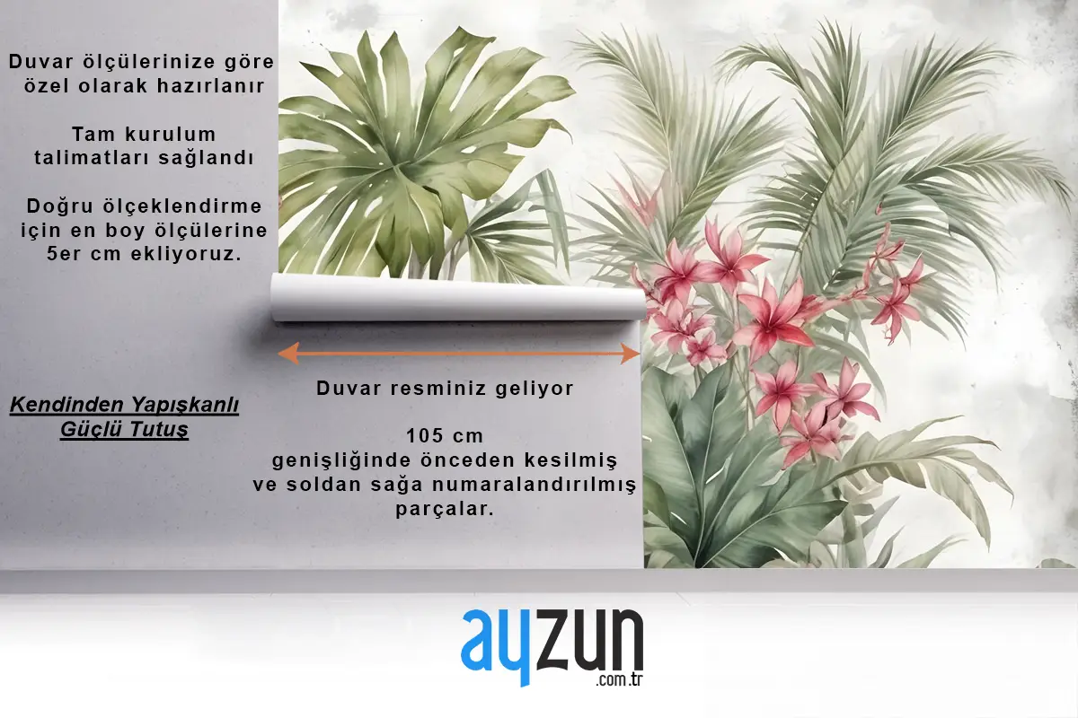 Suluboya Tropikal Yaprak Ve Çiçekler Duvar Kağıdı