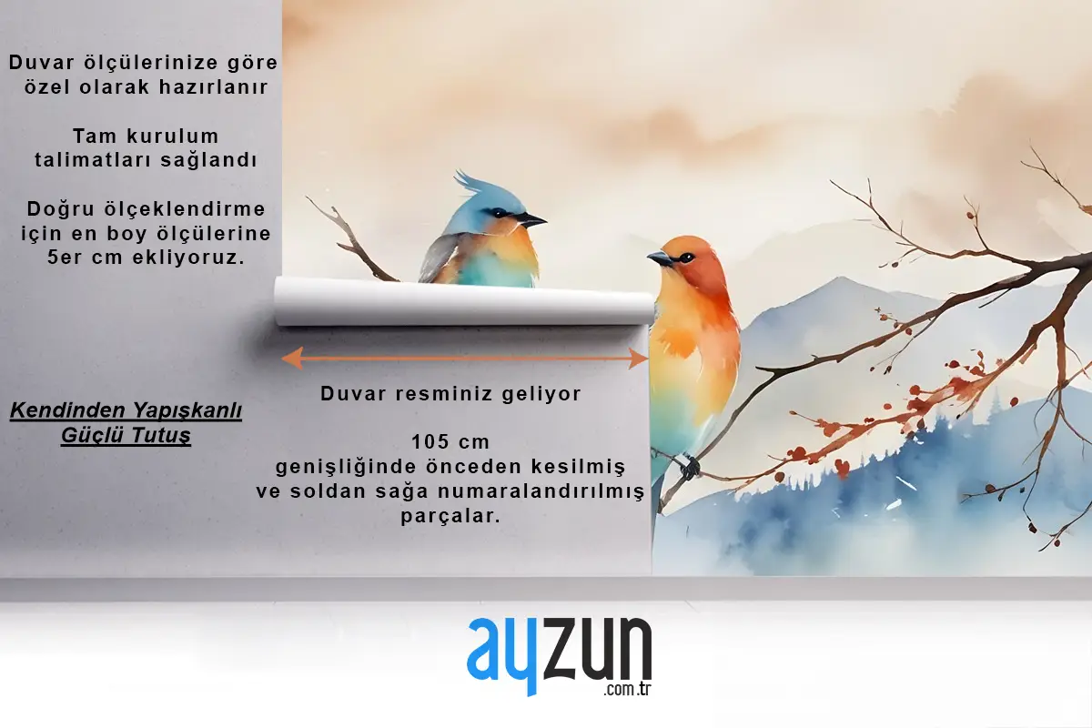 Suluboya Kış Manzarası Ve Renkli Kuş Duvar Kağıdı 